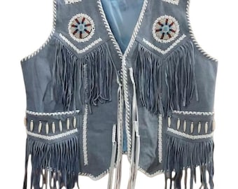 Handmade Blue Suede Vest with Beaded & Embroidered Fringe – Native American Inspired Western Boho Vest