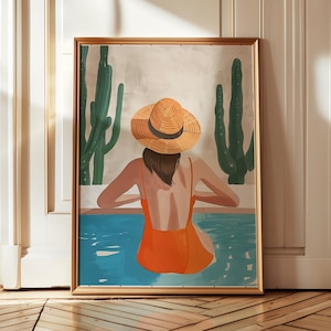 summer wall art Poolside digital download boho wall decor Woman in Orange art Desert Cactus print Summer Aesthetic Decor feminine wall art