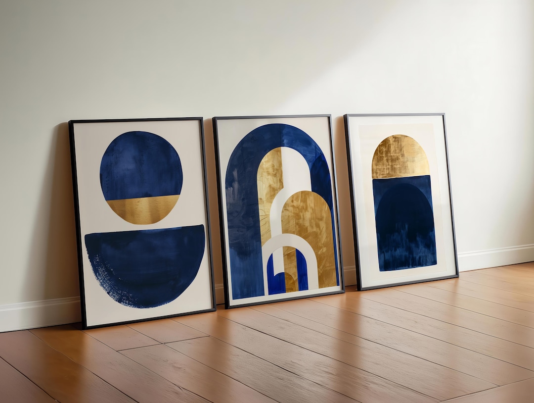 Art Set of 3 Blue and Gold Geometric Digital Download 3 Piece Wall Art ...