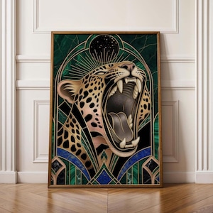 Emerald Green Leopard Wall Art Digital Download, Neo Deco Print, Emerald Marble Poster