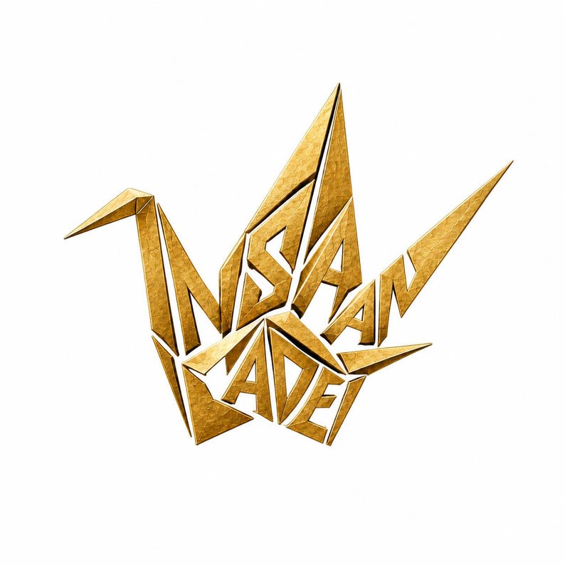 May include: A gold-colored graphic design shaped like an origami crane, featuring a textured metallic surface. The letters forming the word INSAN CADE are integrated into the geometric segments of the crane's wings, neck, and body structure.