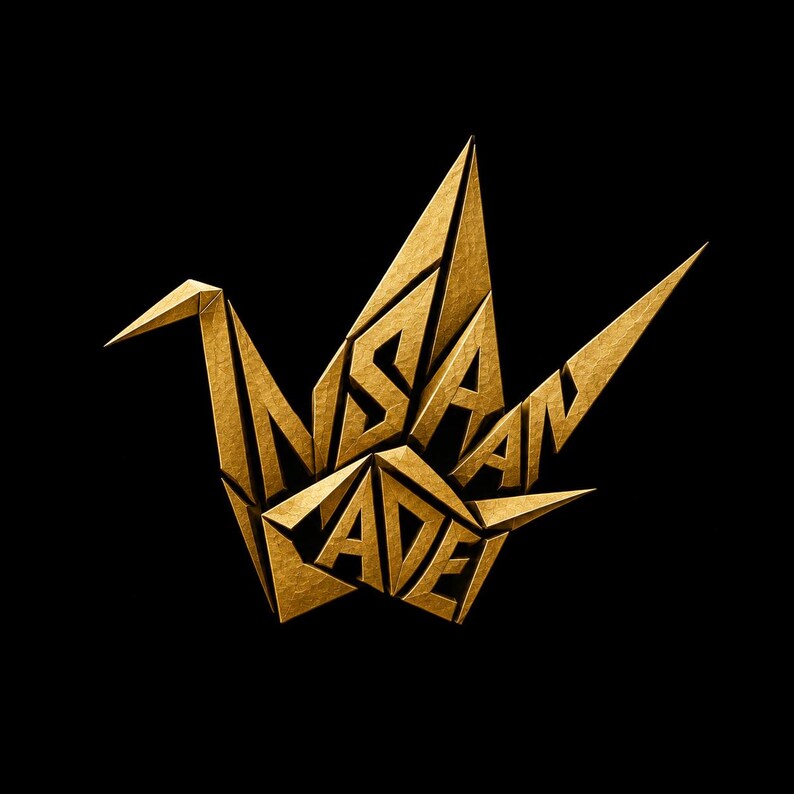 May include: A gold-colored origami crane sculpture featuring a textured, metallic surface. The word INSAN is integrated into the upper wing structure, while the word CADE is formed within the lower body section of the paper-folded bird design.