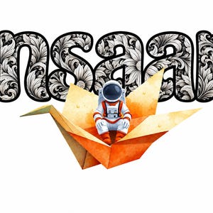 May include: An astronaut in a white and orange suit sits inside a large orange paper crane. Behind the crane, the word "insaan" is written in a bold, black-outlined font filled with a detailed black and white floral pattern.