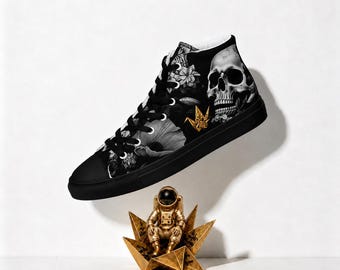 Skull Floral High Top Canvas Sneakers | Gothic Black Rose Streetwear Shoes | Unisex Punk Lace Up Trainers | Alt Fashion Gift | InsaanCadet