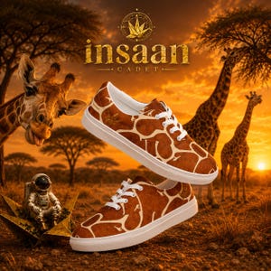 May include: A pair of low-top sneakers featuring a brown and tan giraffe print pattern, white laces, and white rubber soles. The shoes are displayed against a sunset savanna background with giraffes, an astronaut, and the text insaan CADET.