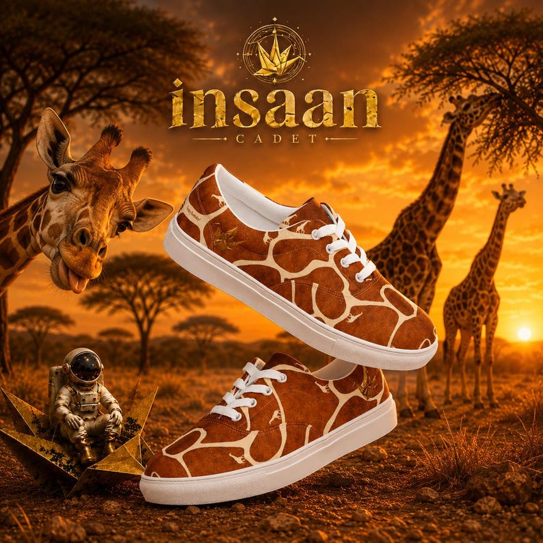 May include: A pair of low-top sneakers featuring a brown and tan giraffe print pattern, white laces, and white rubber soles. The shoes are displayed against a sunset savanna background with giraffes, an astronaut, and the text insaan CADET.