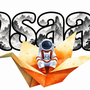 May include: The word insaan is written in a bold, black-outlined font filled with a black and white mountain landscape illustration. An astronaut in a white and orange suit sits inside a large, orange, folded paper crane in the foreground.