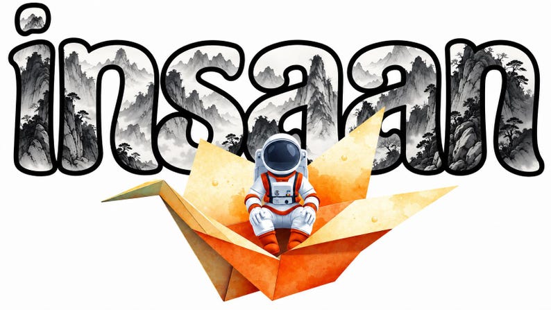 May include: The word insaan is written in a bold, black-outlined font filled with a black and white mountain landscape illustration. An astronaut in a white and orange suit sits inside a large, orange, folded paper crane in the foreground.