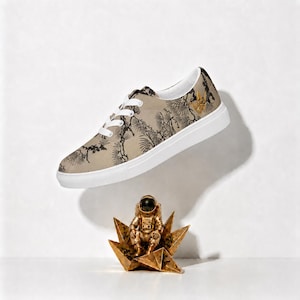 May include: A low-top sneaker with a beige canvas upper featuring a black ink-style pine tree branch pattern and white laces. The shoe has a thick white rubber sole. Below the sneaker sits a gold-colored astronaut figurine on a star-shaped base.