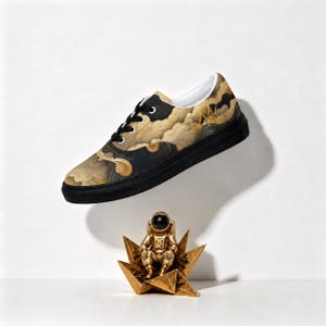 May include: A low-top sneaker featuring a black sole and black laces, with an upper patterned in gold and black swirling cloud designs. Below the sneaker sits a small gold-colored astronaut figurine perched on a geometric star-shaped base.