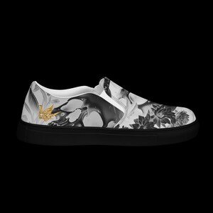 Skull Slip On Shoes Women Men | Grayscale Skull Canvas Sneakers | Gothic Goth Punk Slip Ons | Halloween Gift for Her Him | Skater Shoes image 11