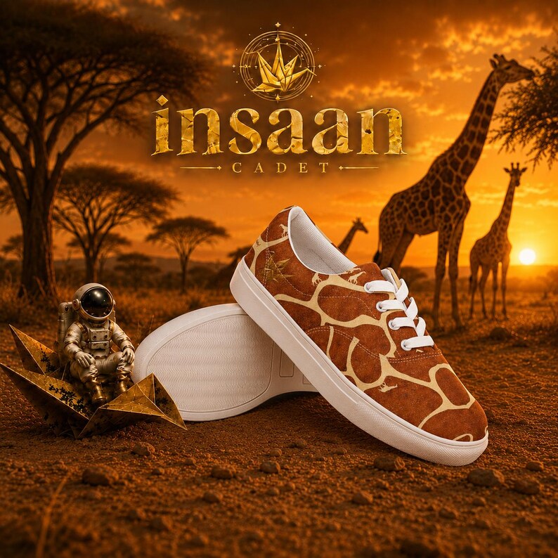 May include: A pair of low-top sneakers featuring a brown and cream giraffe-patterned print, white laces, and white rubber soles. The text "insaan CADET" is displayed above the shoes, accompanied by a gold origami-style logo and an astronaut figure.