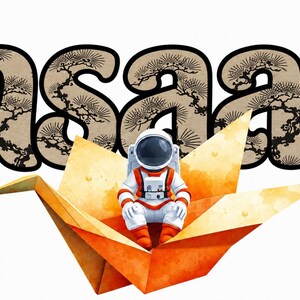 May include: The word insaan is written in large, beige, bubble-style letters with a black outline and a black pine tree pattern. An astronaut in a white and orange suit sits inside a large, orange, watercolor-style paper crane.