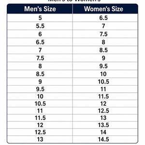 May include: A US shoe size conversion chart with a dark blue header titled US SHOE SIZE CONVERSION CHART. The table lists sizes from 5 to 13 in the left column and 6.5 to 14.5 in the right column. A footer states Women's Size = Men's Size + 1.5.