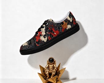 Floral Canvas Sneakers Men Women | Japanese Red Peony Low Top Shoes | Unisex Lace Up Streetwear Trainers | Wearable Art Gift for Her Him