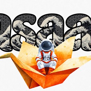 May include: A graphic design featuring the word insaan in a bold, black-outlined font filled with a black and white Japanese wave pattern. An astronaut in a white and orange suit sits inside a large, folded orange paper crane in the foreground.