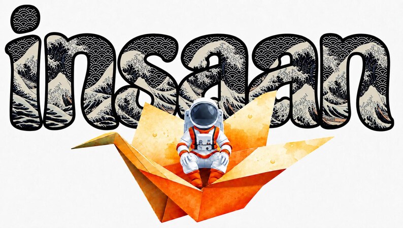 May include: A graphic design featuring the word insaan in a bold, black-outlined font filled with a black and white Japanese wave pattern. An astronaut in a white and orange suit sits inside a large, folded orange paper crane in the foreground.