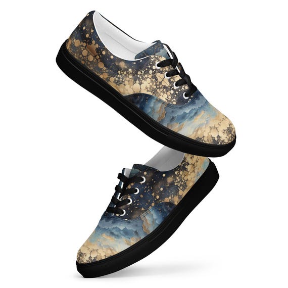 Men's Blue Gold Galaxy Sky Canvas Sneakers, Ocean Wave Art Print Low Top Shoes, Gift for Him