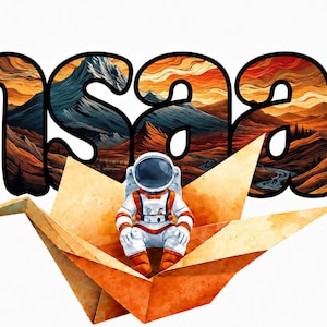 May include: The word insaan is written in a bold, black-outlined font filled with a landscape of orange, brown, and blue mountains. An astronaut in a white and orange suit sits inside a large, folded orange paper crane in the foreground.