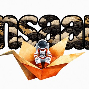 May include: An astronaut in a white and orange suit sits inside a large orange paper crane. Behind the crane, the word "insaan" is written in a bold, black font filled with a pattern of black waves and gold-colored circular accents.