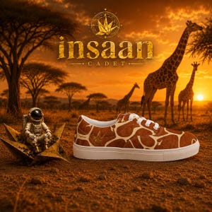 May include: A low-top sneaker featuring a brown and cream giraffe-patterned fabric upper with white laces and a white rubber sole. The shoe is displayed against a sunset savanna background with giraffes and an astronaut figurine on a gold star.