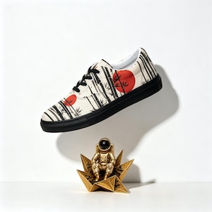 Japanese Ink Art Canvas Sneakers, Red Rising Sun Ukiyo-e Streetwear (Limited Edition)