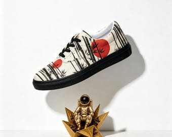 Japanese Ink Art Canvas Sneakers, Red Rising Sun Ukiyo-e Streetwear (Limited Edition)