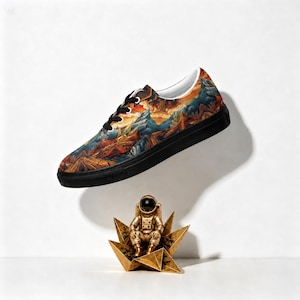 May include: A low-top sneaker with a black sole and black laces, featuring a vibrant printed upper depicting a mountainous landscape with orange, red, and blue tones. Below the shoe sits a small gold-colored astronaut figurine on a star base.
