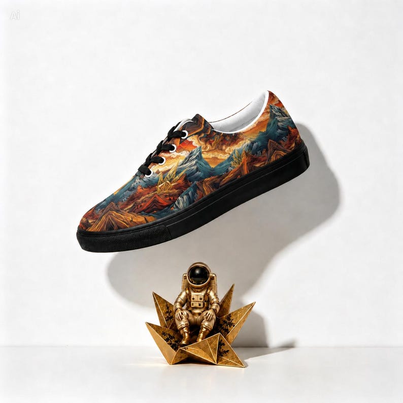 May include: A low-top sneaker with a black sole and black laces, featuring a vibrant printed upper depicting a mountainous landscape with orange, red, and blue tones. Below the shoe sits a small gold-colored astronaut figurine on a star base.