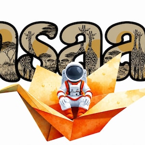 May include: A graphic design featuring the word insaan in a bold, black-outlined font filled with a savanna landscape pattern of giraffes and acacia trees. An astronaut in a white and orange suit sits inside a large, orange paper crane.