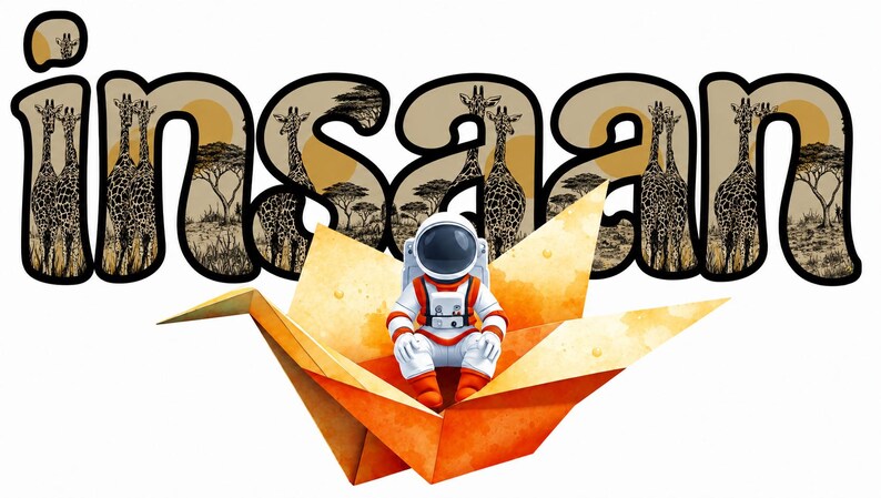 May include: A graphic design featuring the word insaan in a bold, black-outlined font filled with a savanna landscape pattern of giraffes and acacia trees. An astronaut in a white and orange suit sits inside a large, orange paper crane.