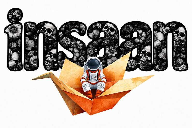 May include: A graphic design featuring the word "insaan" in bold, black, rounded letters filled with a pattern of white flowers and skulls. Below the text, a small astronaut in a white and orange suit sits inside a large, orange paper crane.