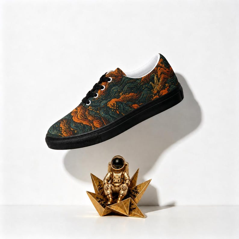 Unisex lava swirl abstract art print canvas sneakers, low top lace-up trainers for men and women, featured product shot on white background