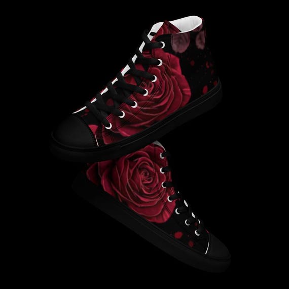 Women’s black high top red rose canvas shoes