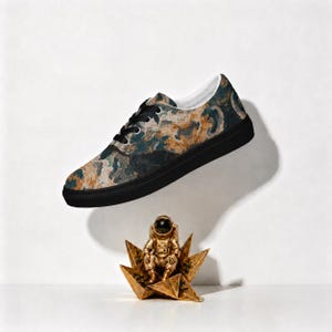 Marble Print Canvas Sneakers | Abstract Art Teal Orange Low Top Shoes | Unisex Men Women Lace Up Streetwear Trainers | Wearable Art Gift image 1