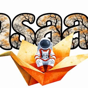 May include: An astronaut in a white and orange suit sits on a large, orange, paper-folded crane. Behind the figure, the word "insaan" is written in large, bold, black-outlined letters filled with a pattern of bare trees with golden-brown leaves.
