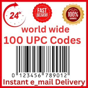 May include: A red and white graphic with the text "world wide 100 UPC Codes" and a barcode. Additional text includes "24h", "Fast Delivery", "Money Back 100% Guarantee", and "Instant e_mail Delivery".