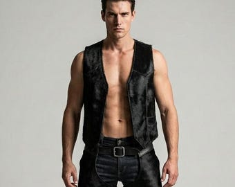 Hair-On Cowhide Leather Vest & Pants Set | Handmade Cowboy Biker Outfit