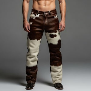 Könnte beinhalten: Kuhfellhose mit braunem und weißem Muster. Die Hose hat ein klassisches Fünf-Taschen-Design und einen braunen Ledergürtel. Die Hose ist aus einem weichen, strukturierten Material gefertigt und hat eine gerade Beinpassform.