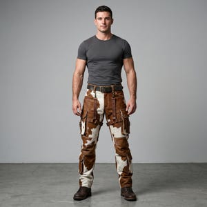 May include: A person wearing a gray crew neck t-shirt, brown leather belt, and brown and white patterned pants with multiple pockets and leather straps. The person is wearing brown leather boots.