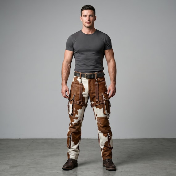 Men's Hair-On Cowhide Leather Pants, Western Biker Cargo Trousers, Cowboy Rodeo Outfit