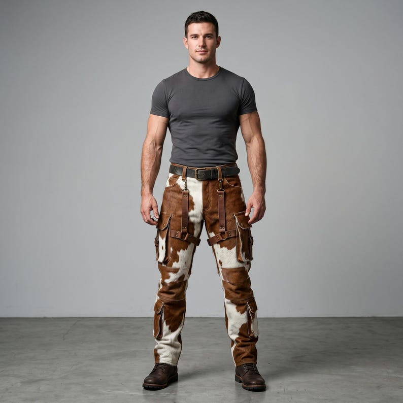 May include: A person wearing a gray crew neck t-shirt, brown leather belt, and brown and white patterned pants with multiple pockets and leather straps. The person is wearing brown leather boots.
