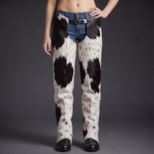 May include: Cowhide chaps featuring a black and white spotted pattern, worn over blue denim jeans. The chaps have a high-waisted design with a dark leather belt at the waist and extend down to the ankles, paired with black leather boots.
