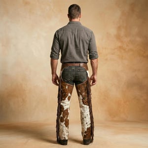 May include: A person wearing a gray button-down shirt, dark denim jeans, and brown and white cowhide chaps with fringe. The chaps are secured with a brown leather belt.