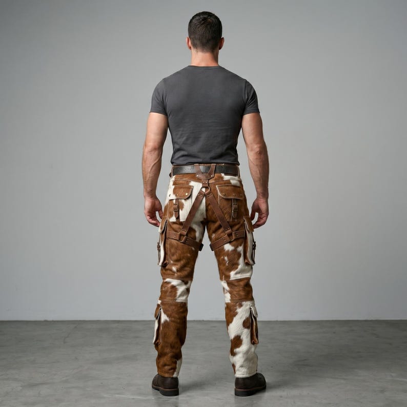 May include: Cowhide leather pants with brown and white patches, featuring multiple pockets and suspender-like straps. The pants have a brown leather belt and are worn with a gray t-shirt.