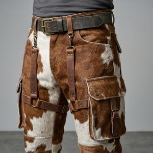 May include: Close-up of brown and white cowhide pants with leather suspenders and a matching belt. The pants have cargo pockets and a rugged, textured appearance. The belt has a large, square buckle.