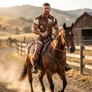 May include: A person on horseback wearing a brown and white patterned shirt and shorts, and black cowboy boots. The horse is brown with a white marking on its forehead. The background includes a dirt road, wooden fence, and a barn.