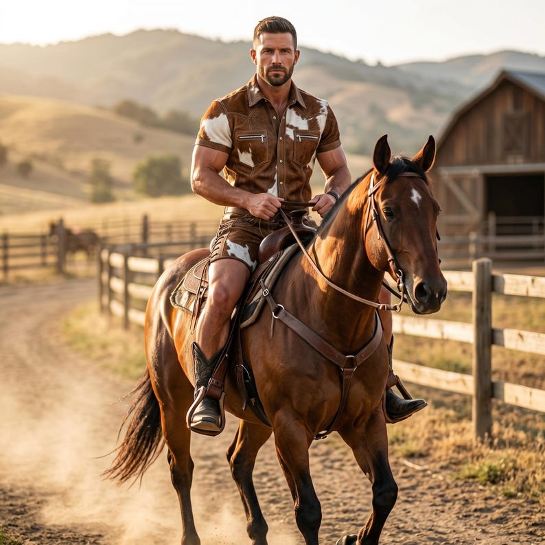 May include: A person on horseback wearing a brown and white patterned shirt and shorts, and black cowboy boots. The horse is brown with a white marking on its forehead. The background includes a dirt road, wooden fence, and a barn.