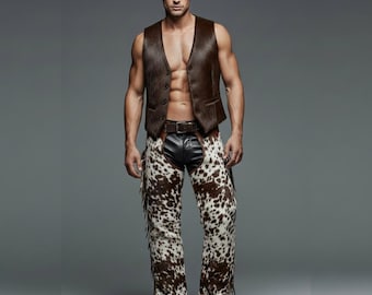 May include: A brown fur vest and spotted chaps with fringe. The chaps are white with brown spots. The outfit is paired with a black leather belt and boots. The vest has a button closure.