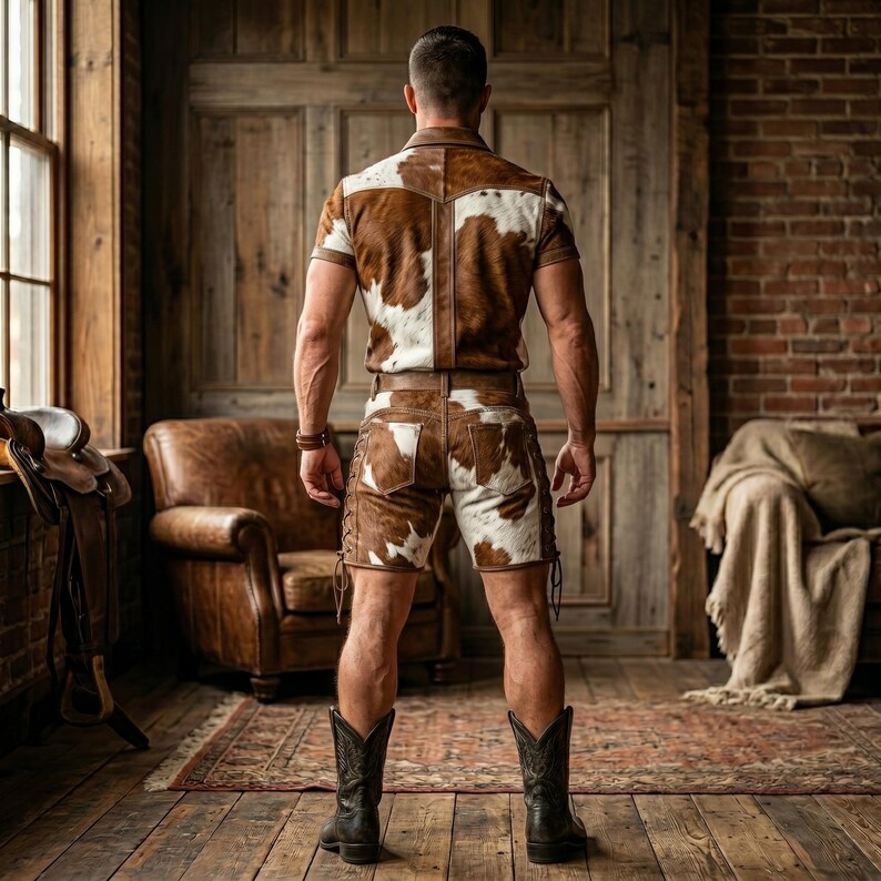 May include: A brown and white cowhide shirt and shorts set. The short-sleeved shirt and shorts are made of brown and white cowhide. The shorts have lace-up detailing on the sides. The person is wearing black cowboy boots.
